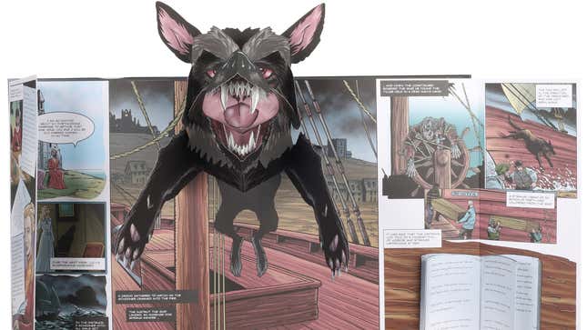 A giant dog leaps off the page in a pop-up version of Dracula