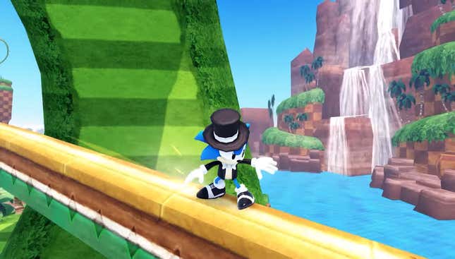 Sonic wird gezeigt, wie er auf einem Geländer herumschleift, während er als schicker kleiner Kerl verkleidet ist.