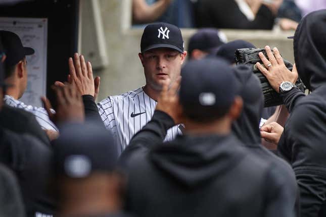 Apr 22, 2023; Bronx, New York, USA;  New York Yankees starting pitcher Gerrit Cole (45) is greeted in the dugout after being taken out in the sixth inning against the Toronto Blue Jays at Yankee Stadium.