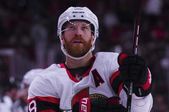 Apr 4, 2023; Raleigh, North Carolina, USA;  Ottawa Senators right wing Claude Giroux (28) looks on against the Carolina Hurricanes during the third period at PNC Arena.