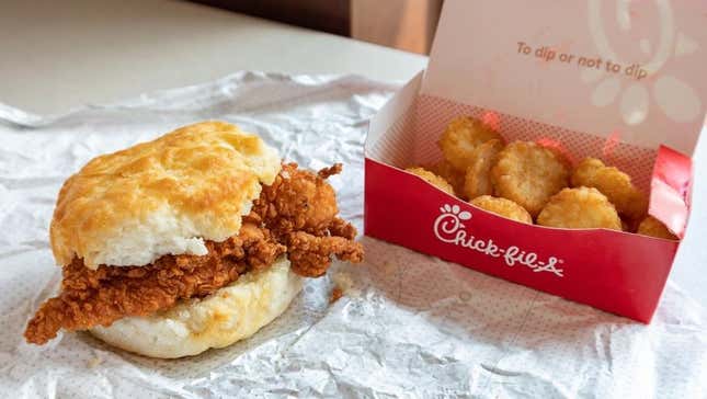 Chick-fil-A chicken sandwich and hash browns