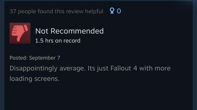 Zrzut ekranu przedstawia recenzję Starfield Steam.