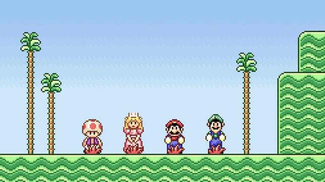 Mario, Lugui, Peach, and Toad pluck random GBA games out of the ground. 