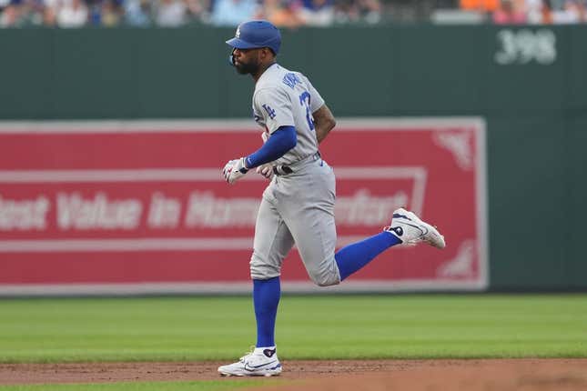 Jul 18, 2023; Baltimore, Maryland, USA; Los Angeles Dodgers outfielder Jason Heyward (23) rounds the bases following his three run home run in the second inning against the Baltimore Orioles at Oriole Park at Camden Yards.