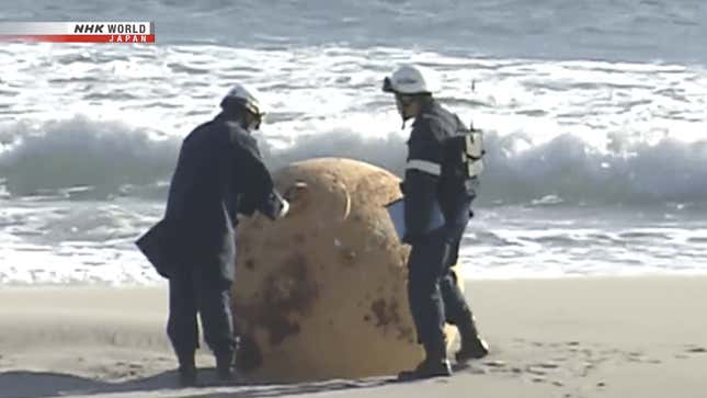 A metal sphere washed up on shore in Japan