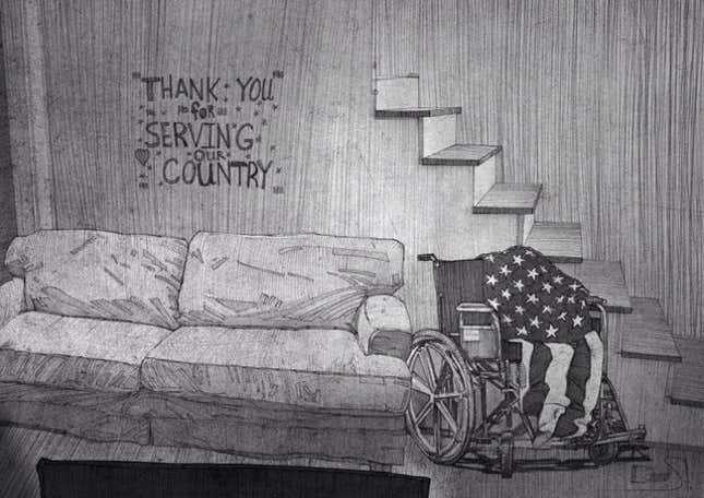 Couch, wheelchair, and American flag.