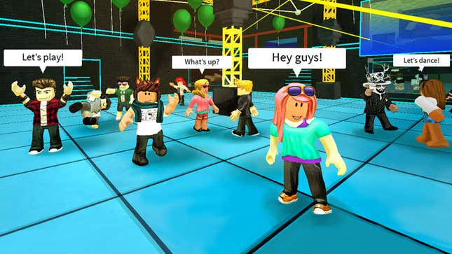 Roblox avatars dance on a blue tile floor while inviting other players to join them. 