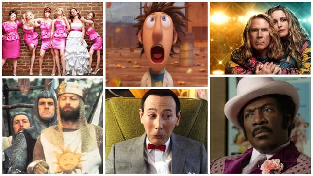 Clockwise from upper left: Bridesmaids (Universal), Cloudy With A Chance Of Meatballs (screenshot), Eurovision Song Contest: The Story Of Fire Saga (Netflix), Dolemite Is My Name (Netflix), Pee-wee’s Big Holiday (Netflix), Monty Python And The Holy Grail (screenshot)
