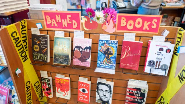 Display of banned books or censored books at Books Inc independent bookstore in Alameda, California, October 16, 2021. (Photo by Smith Collection/Gado/Getty Images)
