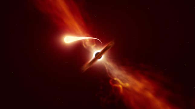 An illustration of a star undergoing spaghettification due to a supermassive black hole (center).
