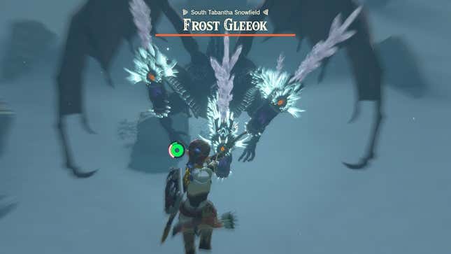 Link is seen in the air aiming his bow at the Frost Gleeok.