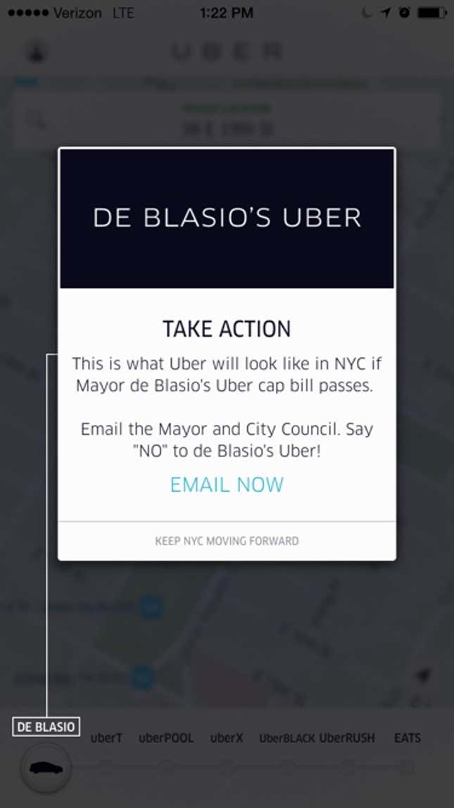 Image for article titled Uber is simulating #deblasiosnewyork to protest a cap on new for-hire cars