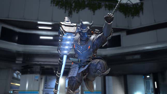 A Spartan uses a grappleshot to launcher across a level while holding a gravity hammer.
