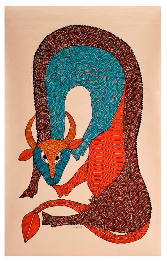 Nankusia Shyam, Untitled, acrylic on canvas. The widow of the Gond painter Jangarh Singh Shyam, Nankusia paints the animals she saw while growing up in Sonpuri.