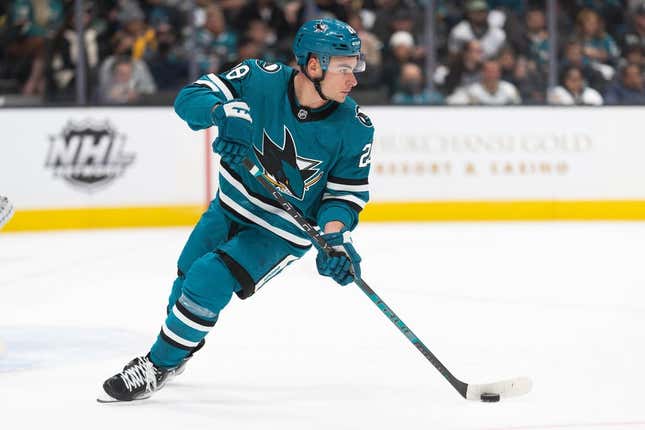 Feb 18, 2023; San Jose, California, USA;  San Jose Sharks right wing Timo Meier (28) controls the puck during the first period against the Buffalo Sabres at SAP Center at San Jose.