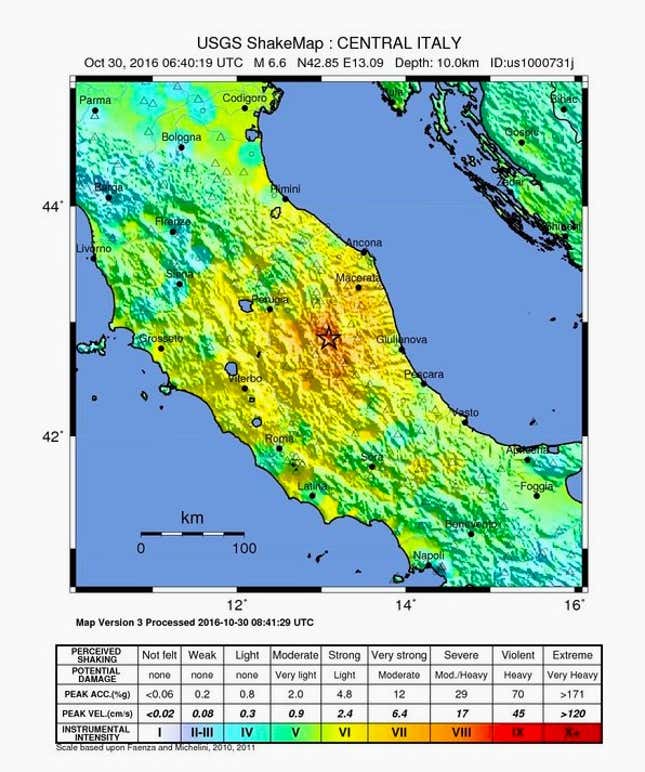 US Geological Survey map of earthquake intensity in Norcia, Umbria region, Oct. 30 2016