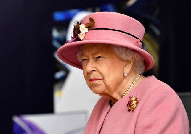 FILE - In this Thursday, Oct. 15, 2020 file photo, Britain’s Queen Elizabeth II visits the Defence Science and Technology Laboratory (DSTL) at Porton Down, England. 