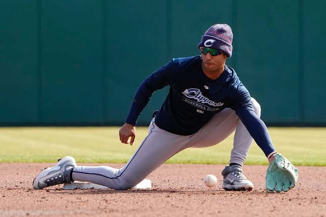 Mar 29, 2023; Columbus, Ohio, USA;  Columbus Clippers infielder Brayan Rocchio snags a ball out of the dirt during practice at Huntington Park. The team   s first game is Friday at Iowa, and they   ll open their home season April 4 against Charlotte.

Baseball Ceb Clippers What S New