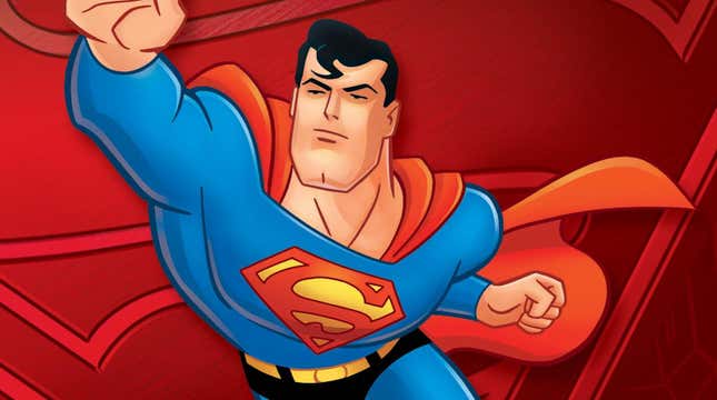 Blue, red, and yellow Superman: The Animated Series artwork of the title hero.