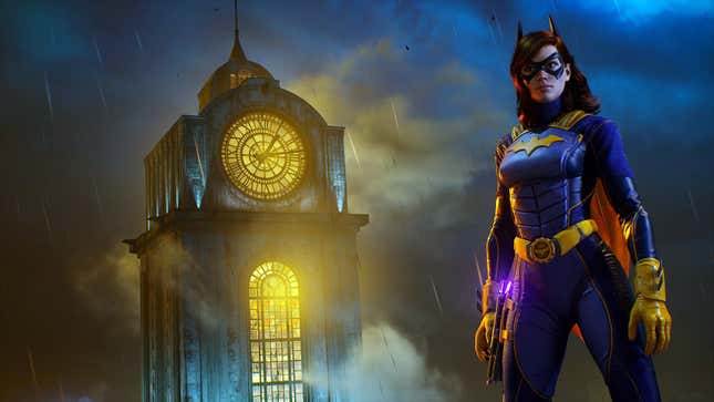 Batgirl is standing (presumably) on top of a building with a clock tower overlooking her.