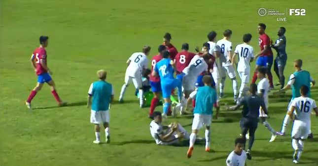 The USMNT and Costa Rican U-20 mens teams brawl after the final whistle on Tuesday.