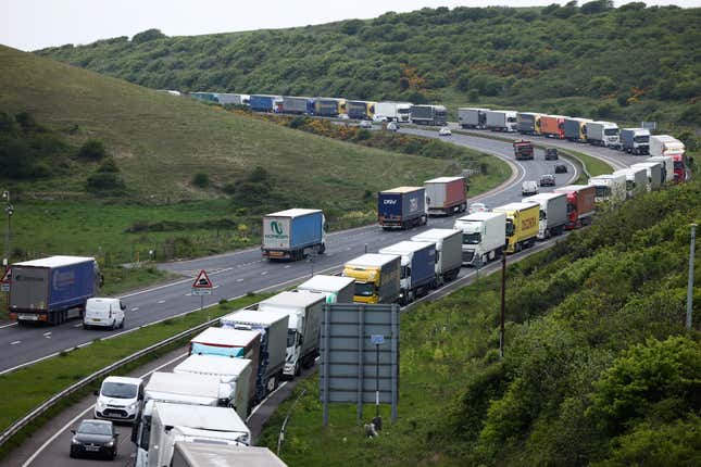 Trucks wait in traffic on the way to Dover in 2022.