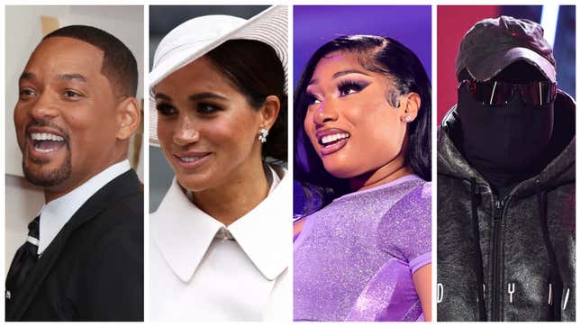 Will Smith, left; Meghan Markle, Megan Thee Stallion and Kanye ‘Ye’ West,