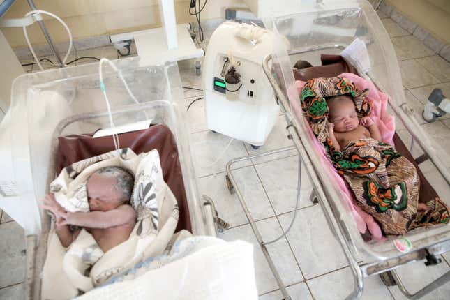 A baby in South Sudan receiving oxygen from the hospital’s only concentrator.