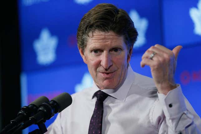Sep 28, 2019; Toronto, Ontario, CAN; Toronto Maple Leafs head coach Mike Babcock talks to the media after a win over the Detroit Red Wings at Scotiabank Arena.