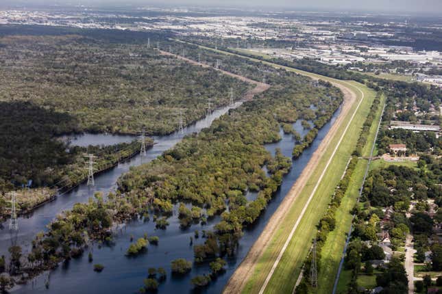 Addicks Reservoir, one of two basins—along with Barker Reservoir—that together protect downtown Houston. Together they hold 500 million cubic metres of water. The record-breaking rainfall pouring into Buffalo Bayou, which feeds the reservoirs, pushed the water level higher than it had ever reached. Homeowners upstream, discovered to their surprise that their land was in the basin. Their houses were flooded, in some cases requiring major repairs. Water officials eventually opened gates, letting water rush out of Addicks into downstream reaches of Buffalo Bayou, flooding homes there as well.