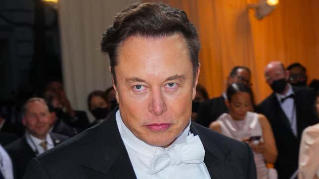 Elon Musk looks at the camera in a weird way during a fancy 2022 party. 