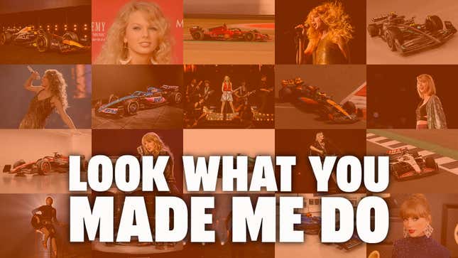 A collage of photos of Taylor Swift and 2023 Formula 1 cars. 
