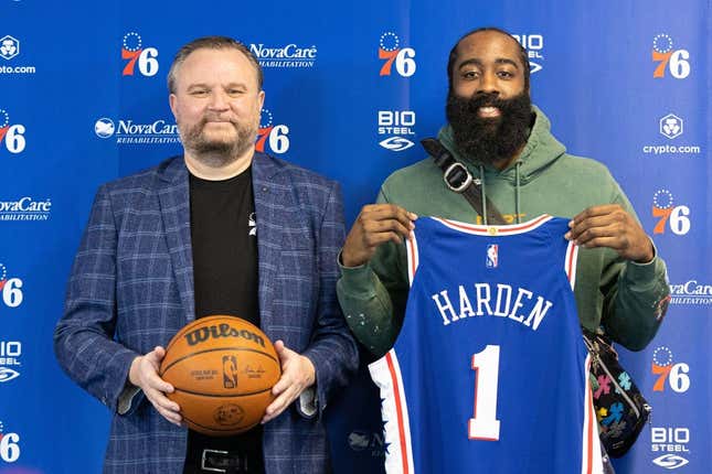 Feb 15, 2022; Camden, NJ, USA; Philadelphia 76ers guard James Harden (1) and president of basketball operations Daryl Morey (L) pose for a photo after speaking with the media at Philadelphia 76ers Training Complex.