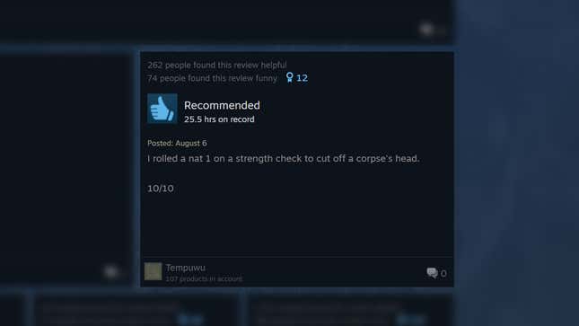 A positive review says: "I rolld a nat 1 on a strength check to cut off a corpse's head. 10/10."