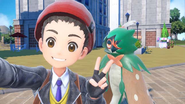 A trainer is seen taking a selfie with Decidueye in the background.