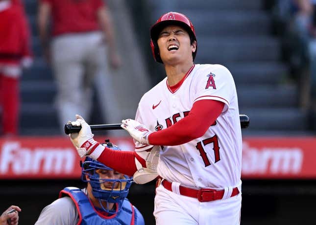 Jun 8, 2023; Anaheim, California, USA; Los Angeles Angels designated hitter Shohei Ohtani (17) reacts after fouling off a ball in the first inning against the Chicago Cubs at Angel Stadium.
