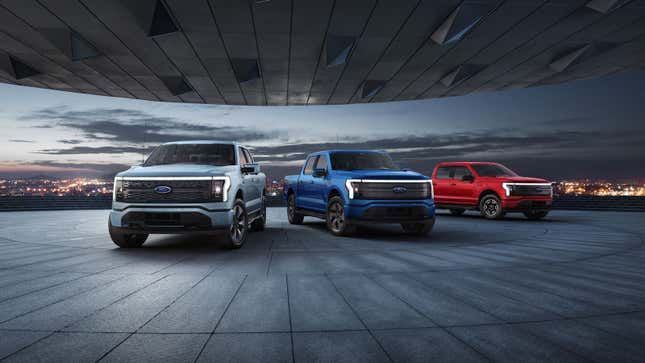 A photo of Ford's range of electric pickup trucks. 