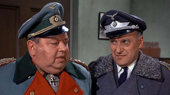 Actors from the sitcom Hogan's Heroes pretend to be Nazis.
