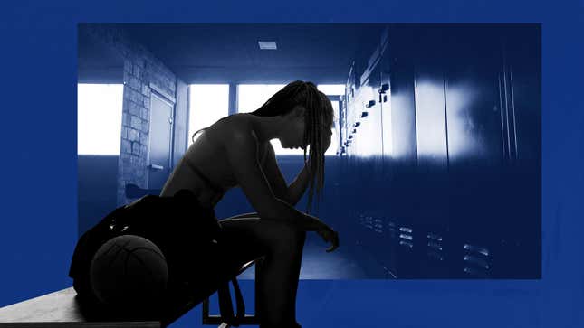 A silhouette of a woman with box braids sits in a locker room with a basketball at her side.