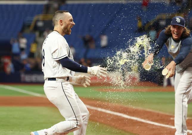Sep 5, 2023; St. Petersburg, Florida, USA; Tampa Bay Rays second baseman Brandon Lowe (8) celebrates after he hit a three run walk off home run during the eleventh inning against the Boston Red Sox  at Tropicana Field.