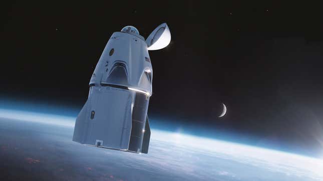 Representación de un artista de la nave Crew Dragon en órbita, con la cúpula de la ventana abierta.
