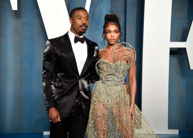 Michael B. Jordan and Lori Harvey arrive at the Vanity Fair Oscar Party on Sunday, March 27, 2022, at the Wallis Annenberg Center for the Performing Arts in Beverly Hills, Calif.