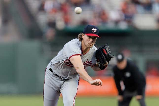 May 8, 2023; San Francisco, California, USA;  Washington Nationals starting pitcher Jake Irvin (74) throws against the San Francisco Giants during the third inning at Oracle Park.