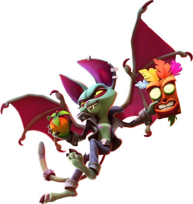 Catbat is shown holding a wumpa fruit and Aku Aku.