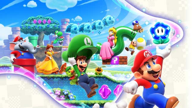 Mario, Luigi, Peach, Toad, and Daisy are shown running, flying, and riding through a series of Mario levels.