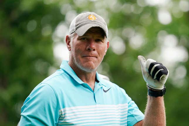 Former NFL player Brett Favre walks off the 10th tee box during the Celebrity Foursome at the second round of the American Family Insurance Championship at University Ridge Golf Club on June 11, 2022, in Madison, Wisconsin. 