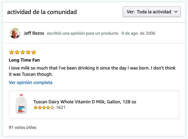 Imagen para el artículo titulado "Me gusta tanto la leche que la bebo desde que nací". Encuentran el perfil de Jeff Bezos en Amazon