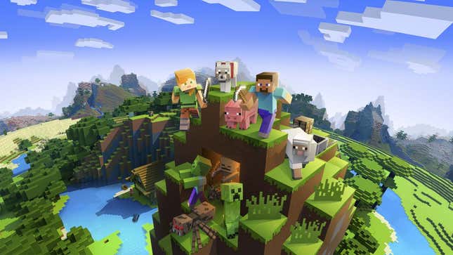 A Minecraft promo image, with lots of characters stood on a blocky hill.