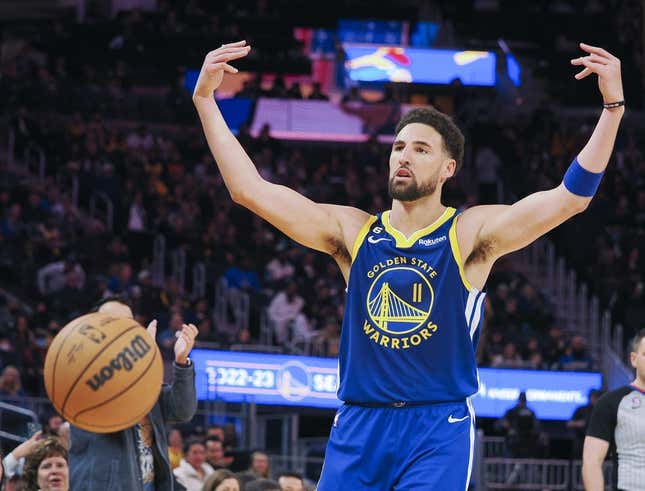 Feb 24, 2023; San Francisco, California, USA; Golden State Warriors guard Klay Thompson (11) gestures towards fans as a time out if called during the fourth quarter against the Houston Rockets at Chase Center.