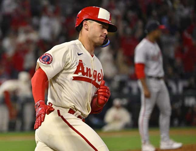 Apr 11, 2023; Anaheim, California, USA; Los Angeles Angels catcher Logan O&#39;Hoppe (14) heads to first on a solo home run in the sixth inning against the Washington Nationals at Angel Stadium.